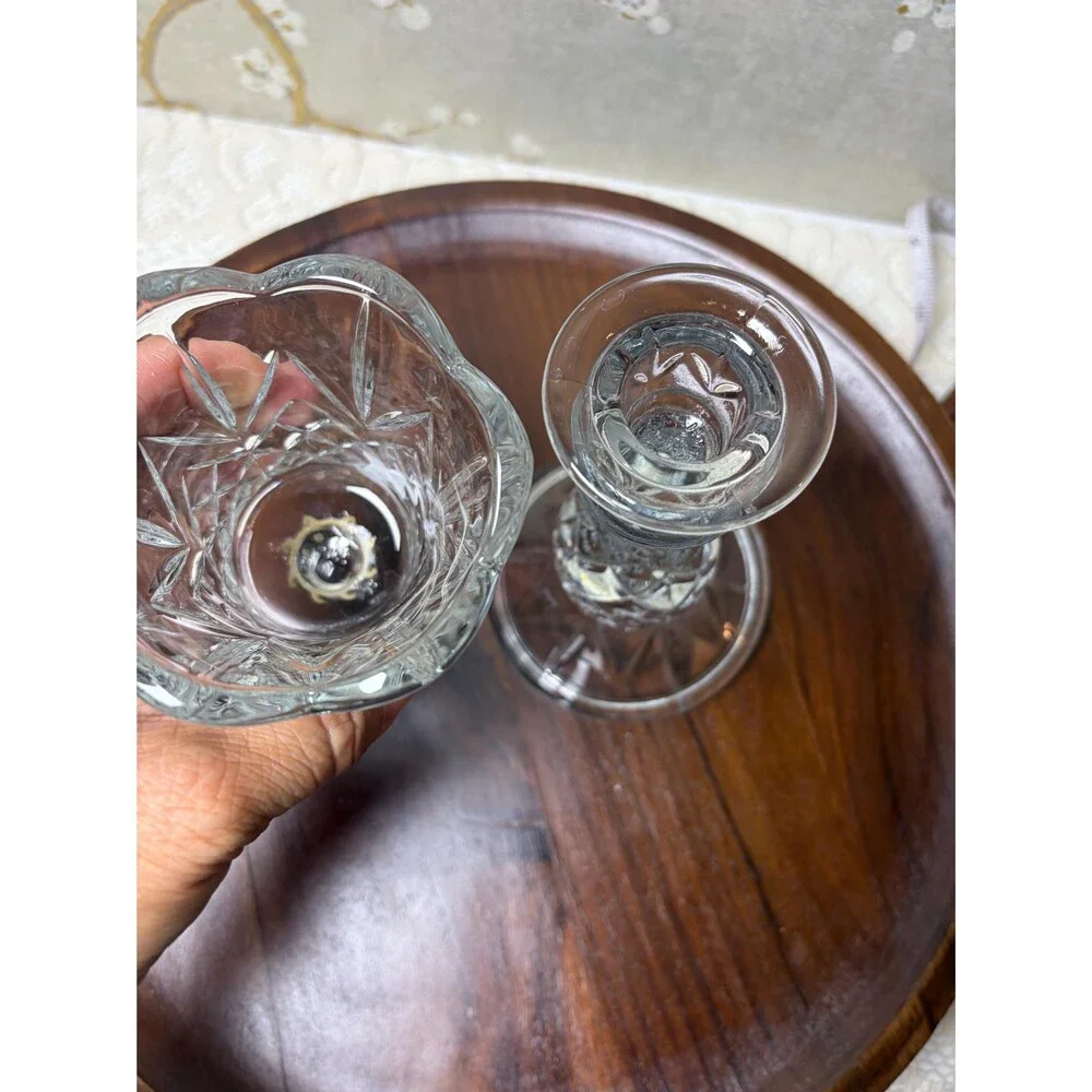 VTG Homeco Clear Pressed Glass Hurricane Candle Holder Peg Votive Scalloped